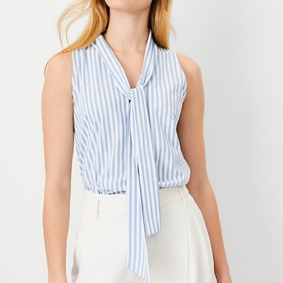 Ann Taylor Tops - Ann Taylor Blue White Striped Tie Neck Sleeveless Blouse Work Top S